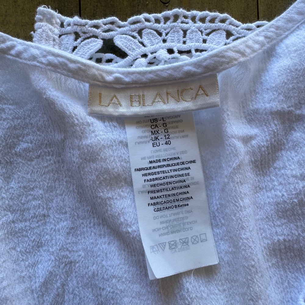La Blanca White Crochet Trim Tunic Coverup Size L Resort Beach - Picture 3 of 10